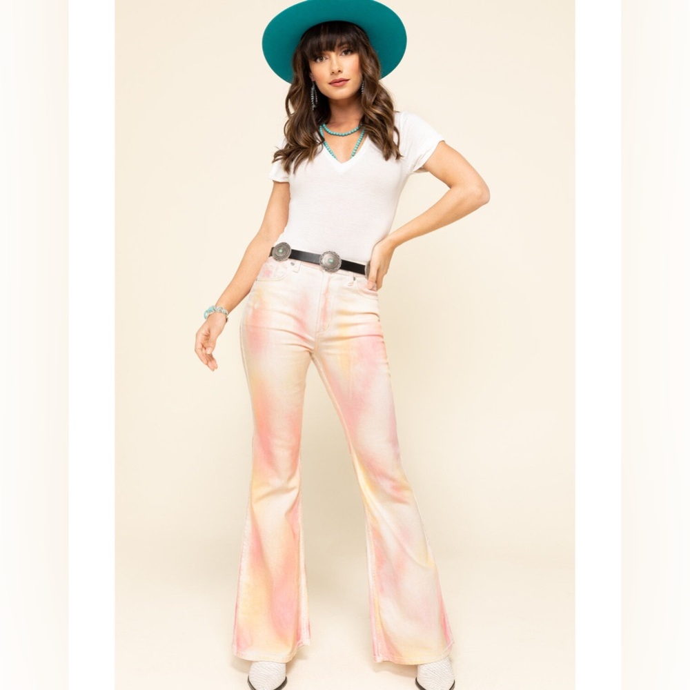 NWT Lee Vintage Modern Tie Dye High Rise Flare Jeans‎ 70s Hippie Pastel Rainbow